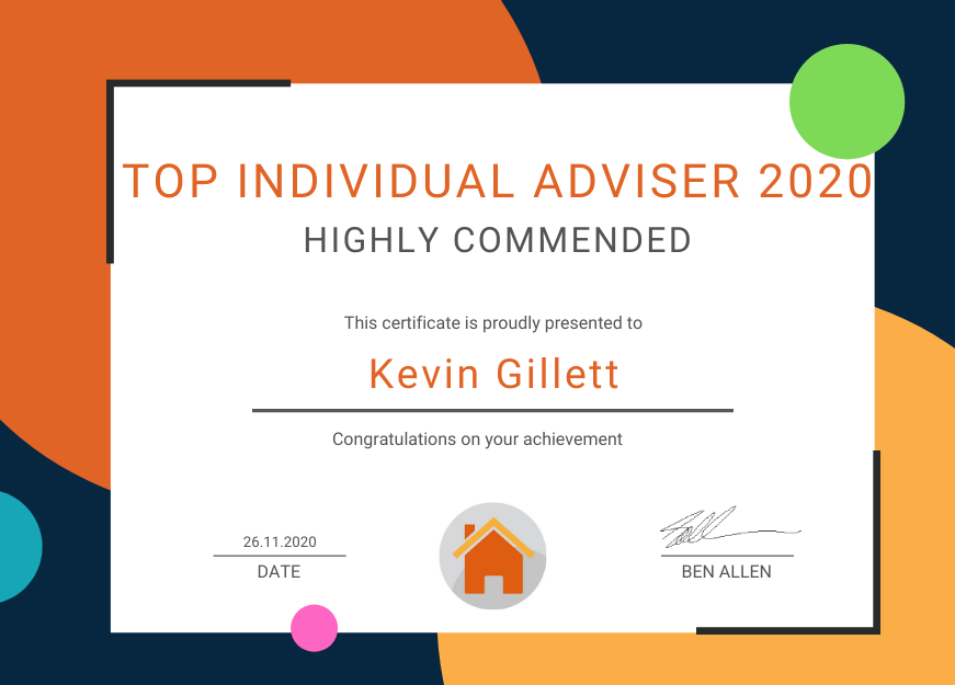 Certificate for Top Individual Adviser Highly Commended - Kevin Gillett